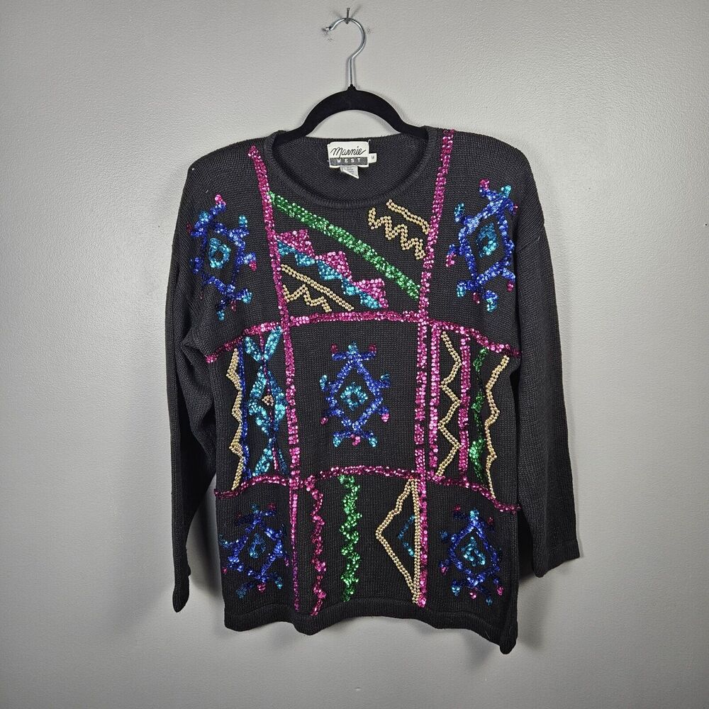Vintage 80s MARNIE WEST Black Knit Sweater Sequins/beads Abstact Womens Size Med